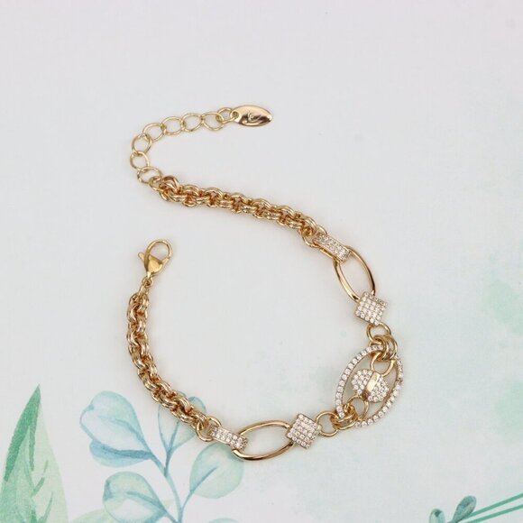 "Rose Gold Chain Bracelet with Oval Crystal Charm & Textured Links, XPBL0927 - Picture 3 of 13